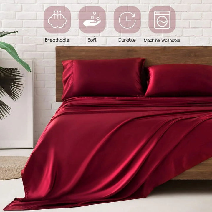 Twin Size Sheet Set Satin Sheets Burgund Microfiber Silk Bed Set of 3 with 1 Pillowcase