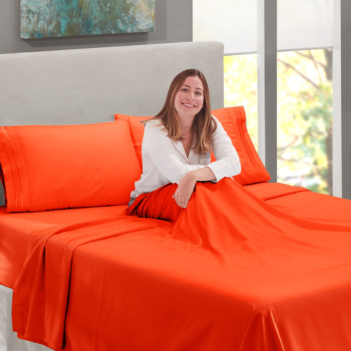 King Size Deep Pocket 4 Piece Bed Sheets Set, 1800 Series Hotel Luxury Soft Microfiber, Orange