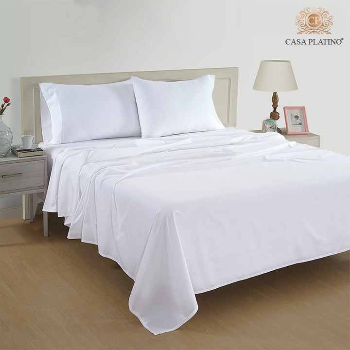 100% Cotton 4 Piece Pure Percale Queen Size Bed Sheets Set, Fits Mattress Upto 15" Deep - White