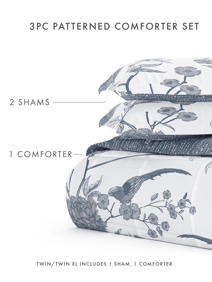 - 3 Piece Light Blue Floral Molly Botanicals All Season Down-Alternative Comforter for King Size Beds