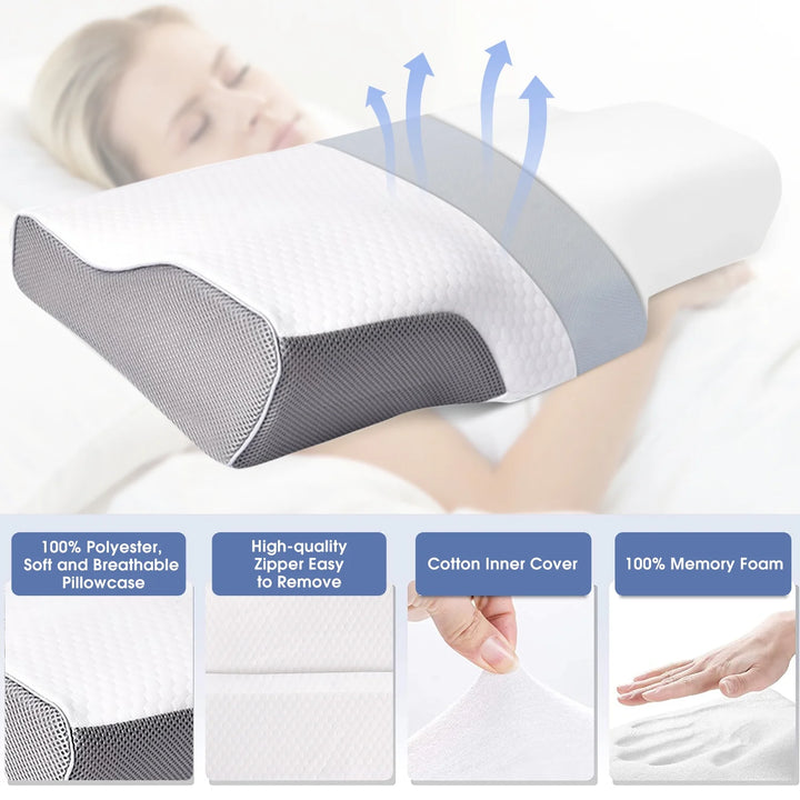 Memory Foam Pillow Neck Pillow, Adjustable Ergonomic Contour Support Cervical Pillow Slow Rebound Memory Foam for Sleeping, Back, Stomach, Side Sleeper, 23.6''X 13.3''X 4.3''