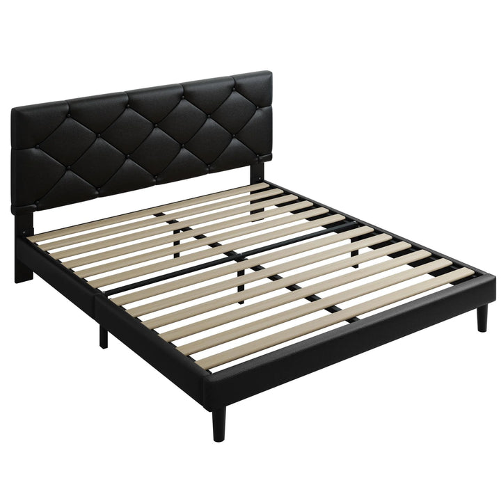 Upholstered Platform Queen Bed Frame with Headboard, Modern Black Faux Leather Queen Bed Frame with Wood Slat Support, Mattress Foundation for Adults Kids, No Box Spring Needed