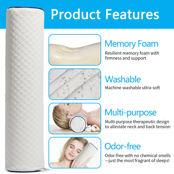 Roll Pillow Cylinder round Cervical Bolster Pillow Memory Foam Removable Washable Cover, Ergonomically Designed for Head, Neck, Back, and Legs White 45*10*10Cm