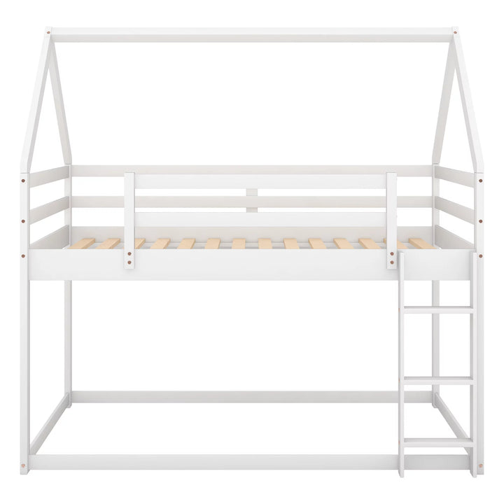 Wooden House Bunk Bed, Twin over Twin Bunk Bed with Ladder, Toddler Floor Bunk Bed for Kids, Boys & Girls (White)