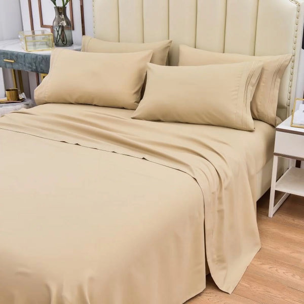 6 Piece Bamboo Sheets Set- Silky-Stronger than Cotton Cool Sheets-Wrinkle Free-Deep Pockets 16"-Extremely Soft Bamboo Rayon Sheets-Calking,Beige