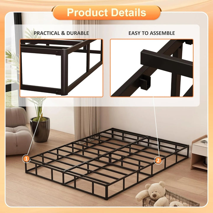 9 Inch High Profile Metal Full Size Box Spring Bed Base with Fabric Cover, Easy to Install and Noiseless, Black