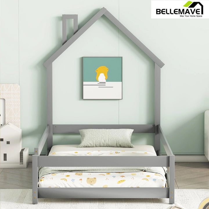 Twin Size Floor Bed with House-Shaped Headboard and Fence Twin Montessori Floor Bed Frame with Fence Twin House Bed Low Floor Bed for Kids, Toddlers, Boys, Girls, Gray