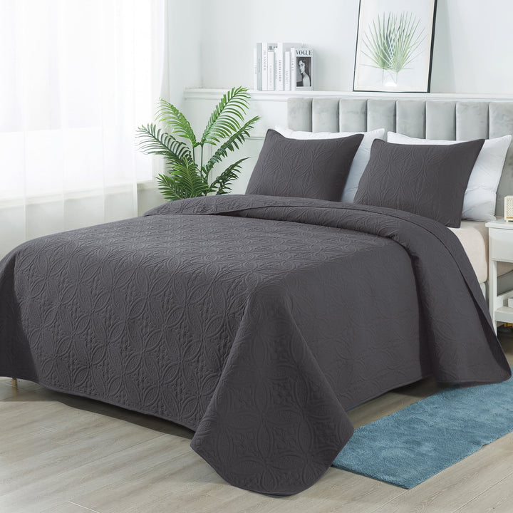 Quilt Set Queen Size - Lightweight Quilts Summer Bedspreads for All Season 3 Piece (1 Quilt, 2 Pillow Shams) - Dark Grey