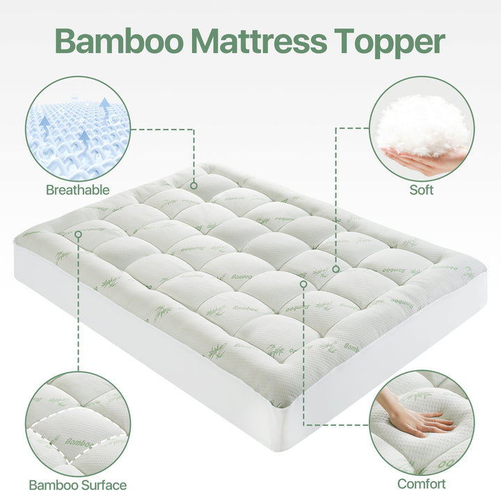 Bamboo Queen Size Quilted Pillowtop Mattress Topper Pad Cover with Deep Pocket Fitted 8"-21", Ultra Soft & Comfort