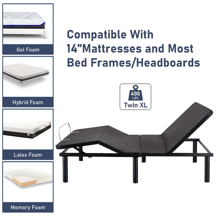 Adjustable Bed Frame, Zero Clearance Adjustable Bed Base Head and Foot Incline, Wireless Remote Control, Twin XL