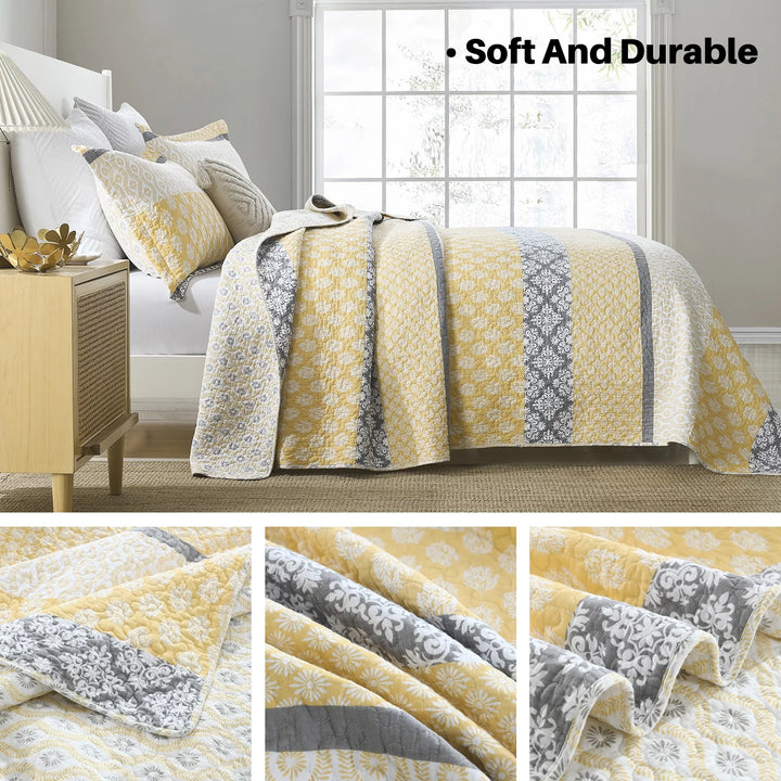 Quilt Bedspread for Queen Bed, 100% Cotton Gold (Yellow)/Gray Spring Floral Striped Printed Reversible Bedspread, Lightweight Farmhouse Summer Queen Quilt Comforter Set, 3-Piece 98"X90"