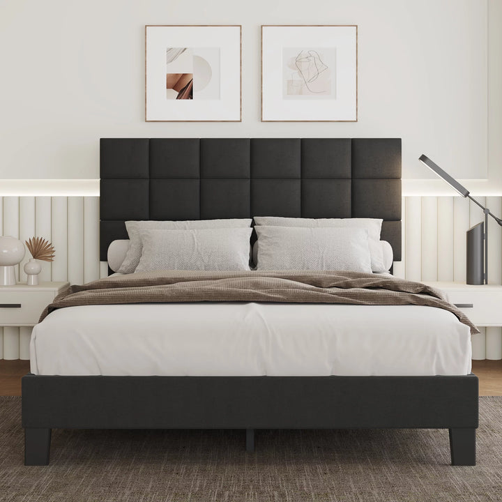 Full Size Platform Bed Frame with Adjustable Headboard, Fabric Upholstered Platform Bed Frame, Dark Gray