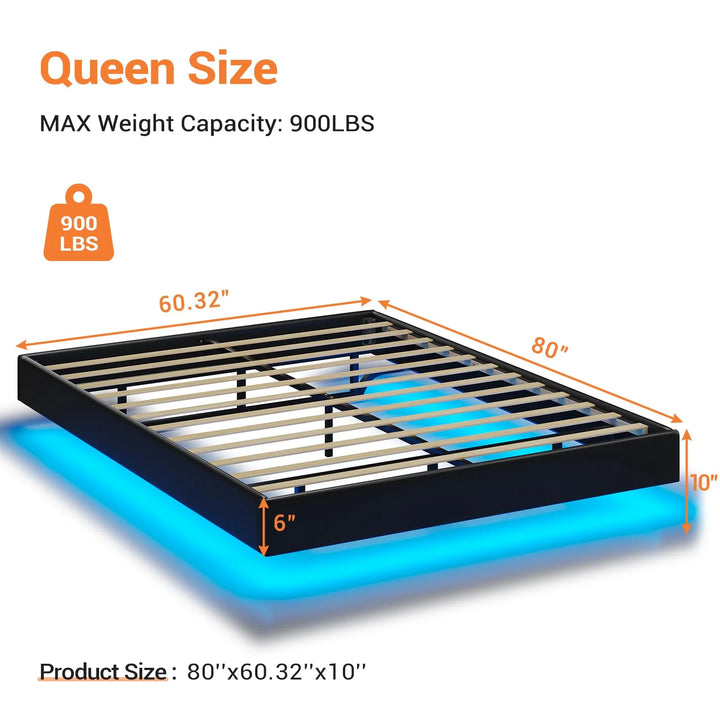 Floating Queen Bed Frame with LED Lights Modern Upholstered Platform Bed Frame, Black