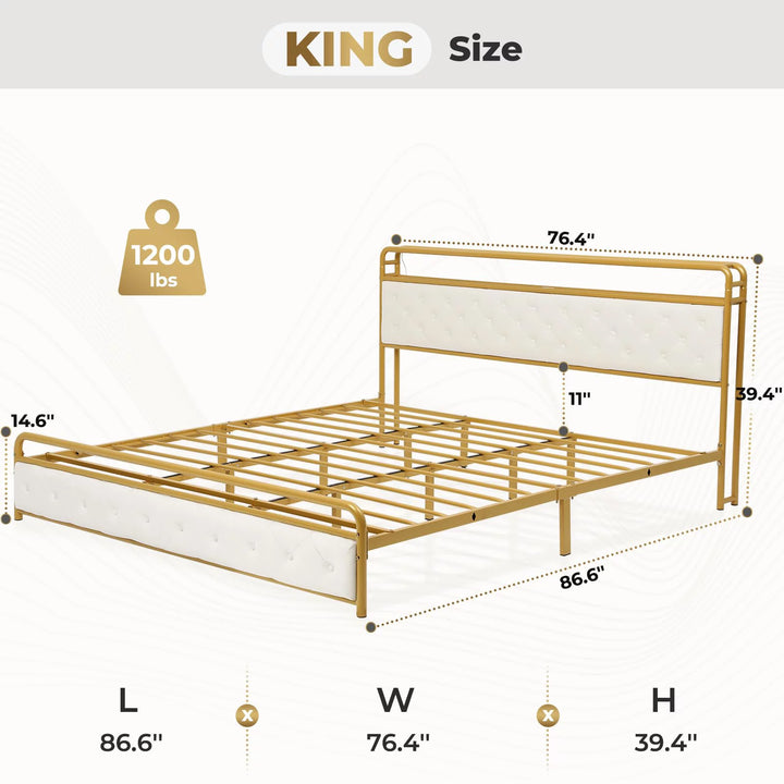 King Size Bed Frame with Headboard&Charging Stations, Modern Velvet LED Upholstered Platform Bed Frame with LED Lights&2 USB Ports, No Box Spring Needed, White