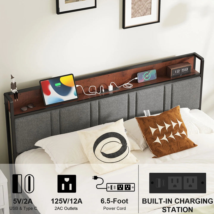 Queen Bed Frame, Platform Bed Queen Size with Storage Headboard and Charging Station, No Box Spring Needed, Gray