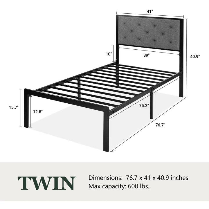 Twin Size Metal Bed Frame with Upholstered Headboard, Dark Gray