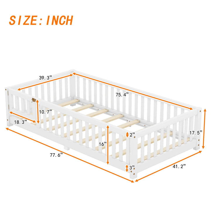 Twin Size Floor Bed with Door and Fence Toddler Floor Bed with Bed Slats Sturdy Wood Floor Bed Montessori Bed Frame for Kids, Boys, Girls (Twin, White)