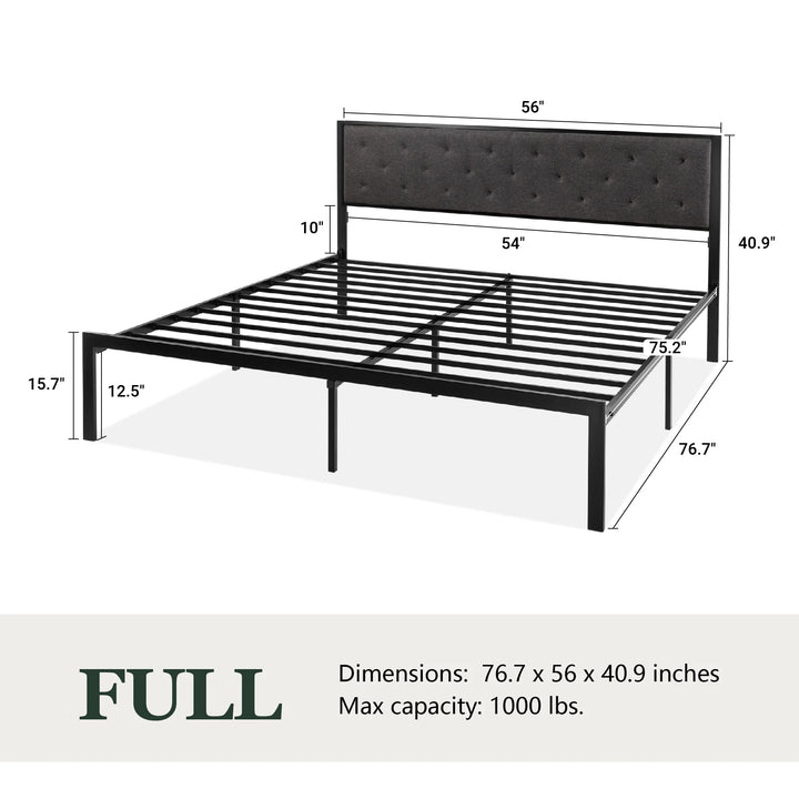 Full Size Metal Bed Frame with Upholstered Headboard, Dark Grey