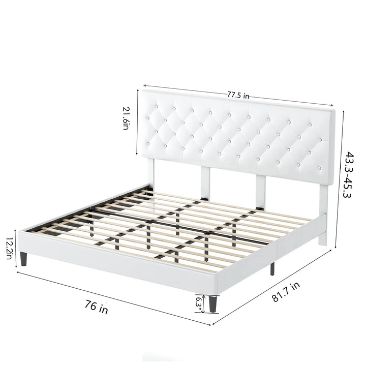 King Bed Frame, White Faux Leather Upholstered Button Tufted Low Profile Platform Bed Frame with Adjustable Headboard for Bedroom