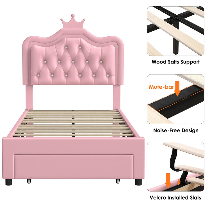 Twin Size LED Bed Frame with Storage Drawer, PU Leather Crown Platform Bed with Crystal Tufted Upholstered Adjustable Headboard, Pink