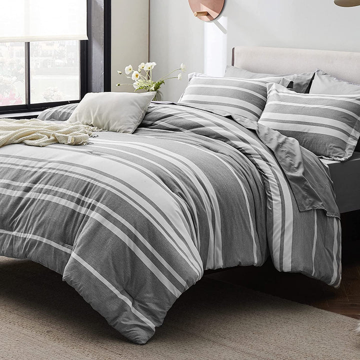 Queen Comforter Set 7 Pieces, Grey White Striped Comforter for Queen Size Bed Reversible, Cationic Dyeing Bed in a Bag with Comforter, Sheets, Pillowcases & Shams