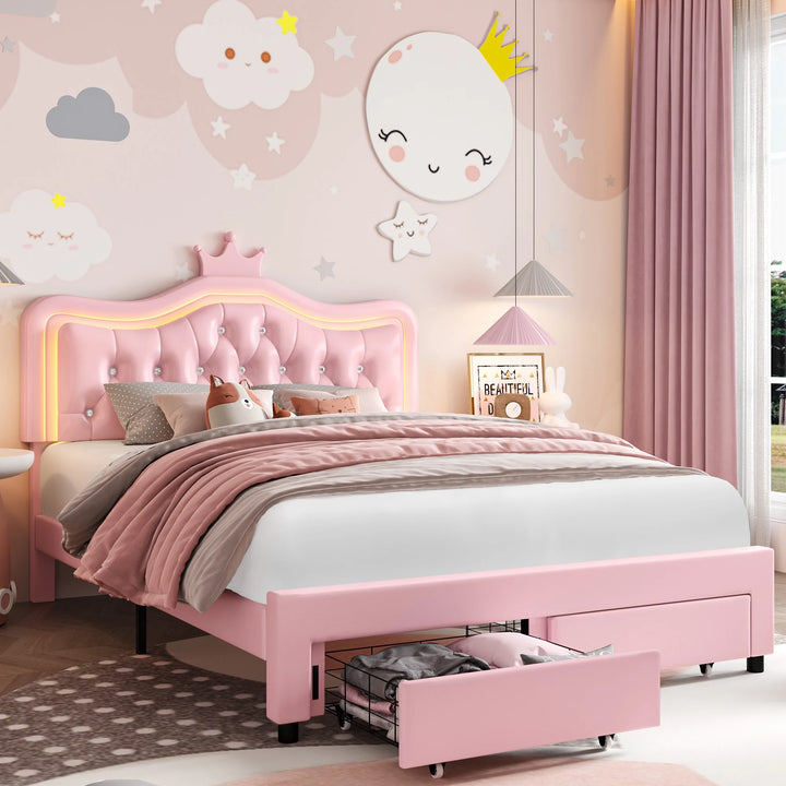 Full Size LED Bed Frame with Storage Drawers, PU Leather Crown Platform Bed with Crystal Tufted Upholstered Adjustable Headboard, Pink