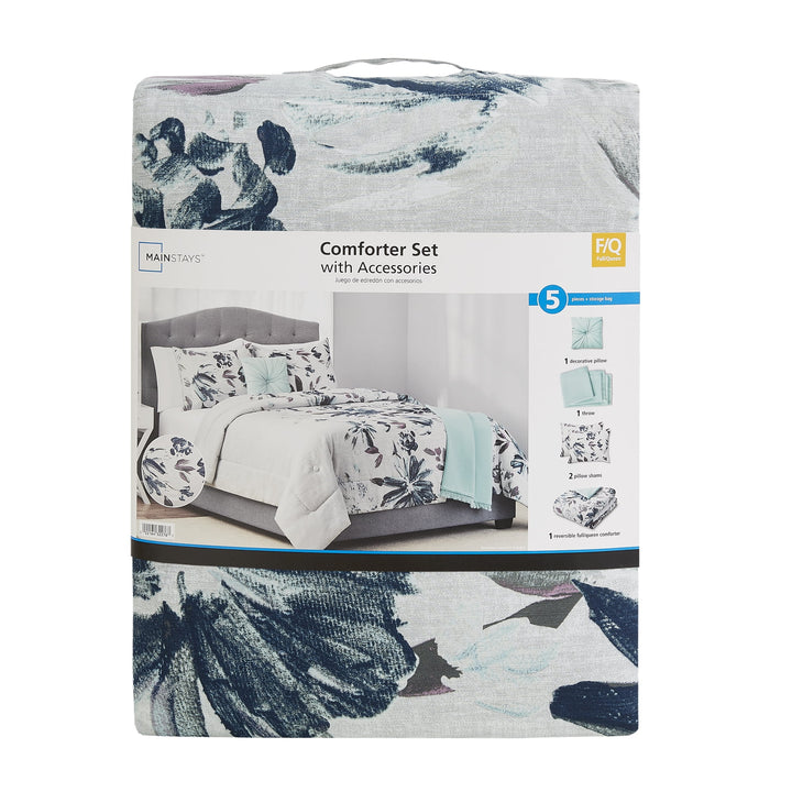 5-Piece Blue Floral Comforter Set, Full/Queen