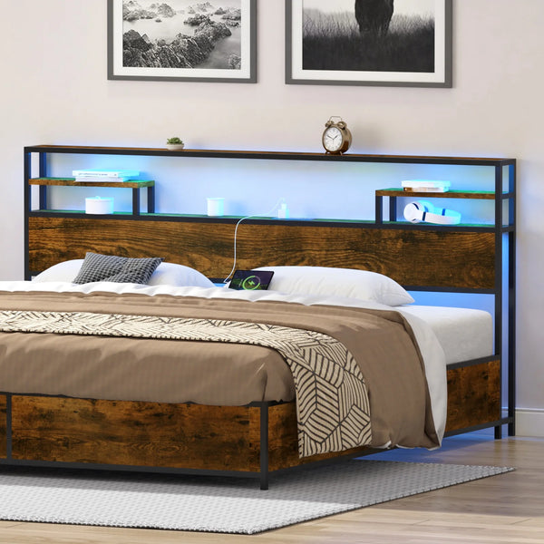 King Size Storage Headboard with LED Lights and Charging Station, USB & Type C Port, Headboard Only, Attach Frame, Easy Assembly - Rustic Brown Industrial