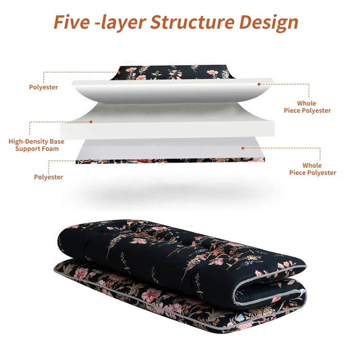 Japanese Floor Mattress Futon Mattress Floral Design Sleeping Mat with Dustproof Cover and Storage Bag Twin Size