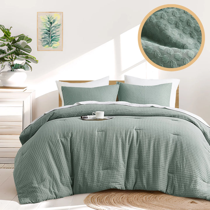 Textured Waffle like Full/Queen Comforter Sets 3 Piece Bedding with Pillow Shams Sage Green