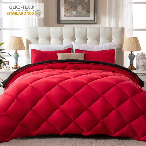 3 Pieces Bed in a Bag Comforter Set Duvet Insert,Reversible,Red/Black,King