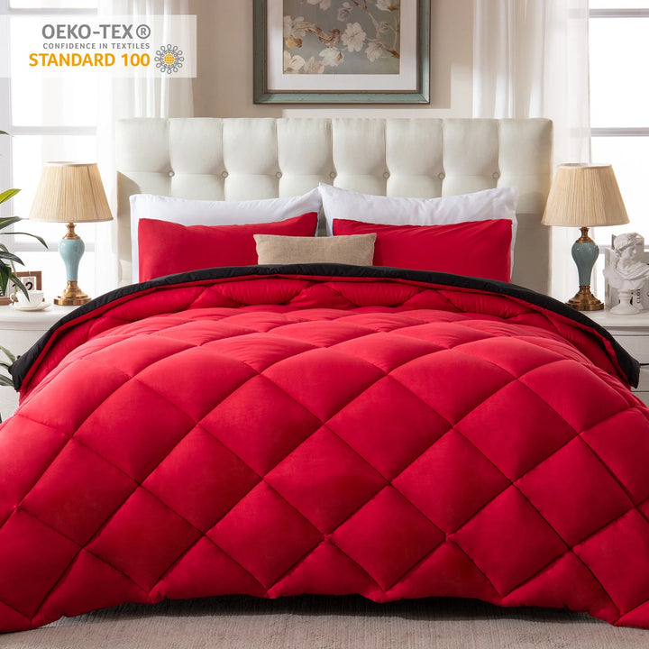 3 Pieces Bed in a Bag Comforter Set Duvet Insert,Reversible,Red/Black,King