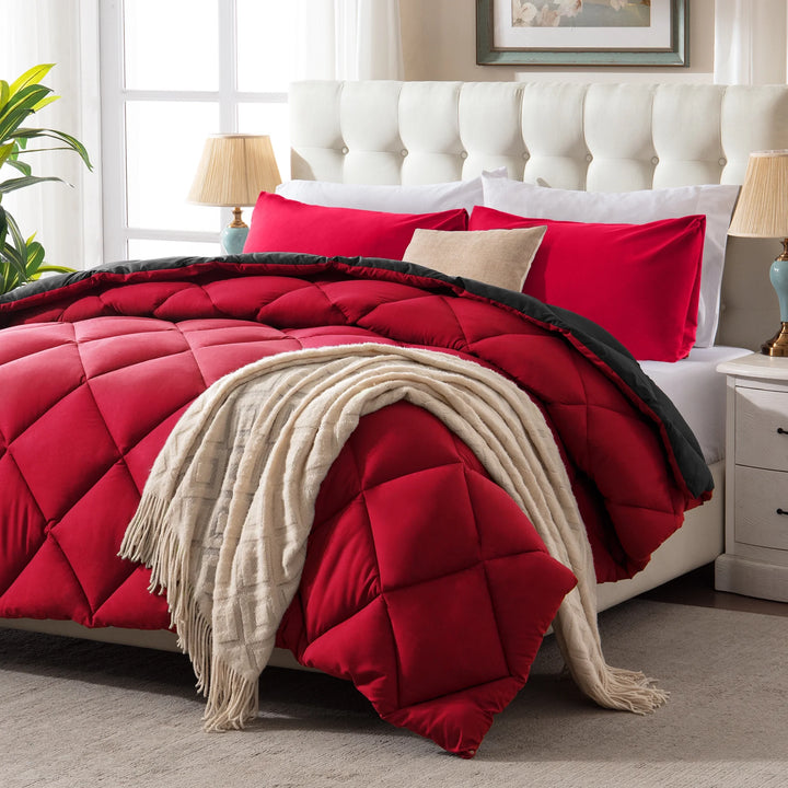 3 Pieces Bed in a Bag Comforter Set Duvet Insert,Reversible,Red/Black,King