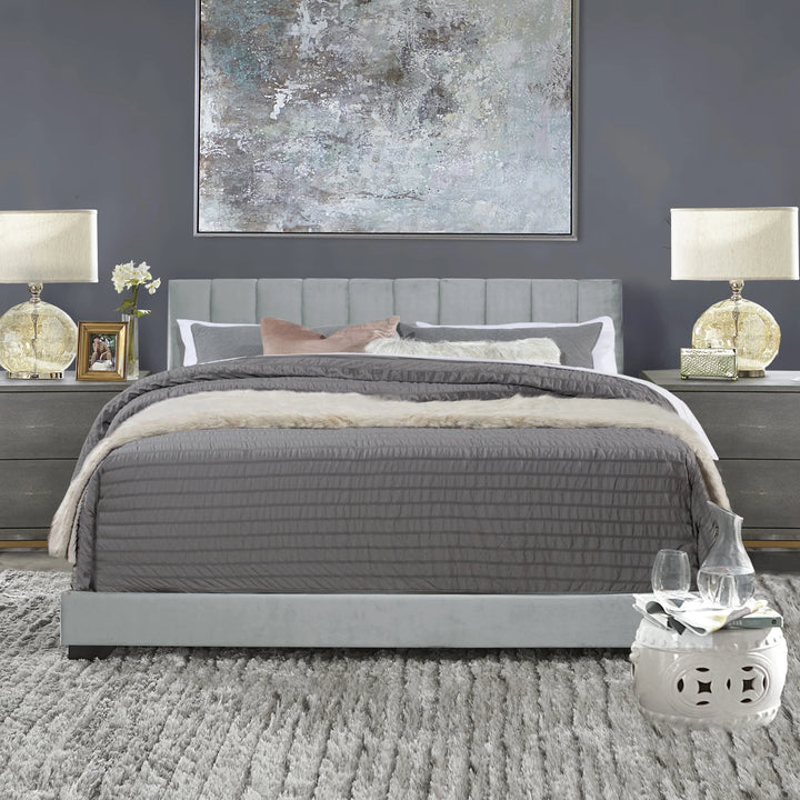 Reece Channel Stitched Upholstered King Bed, Platinum Grey, by  Living Essentials