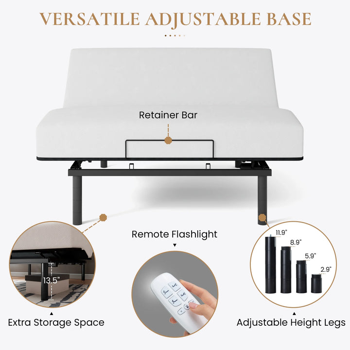 Queen Size Ergonomic Electric Adjustable Bed Frame with Adjustable Leg, Upgraded Motor, Wireless Remote Control, Independent Head & Foot Incline