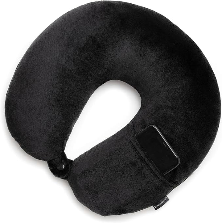 Microbead Travel Head and Neck Pillow Lightweight and Plush with Phone, Headphone Pocket