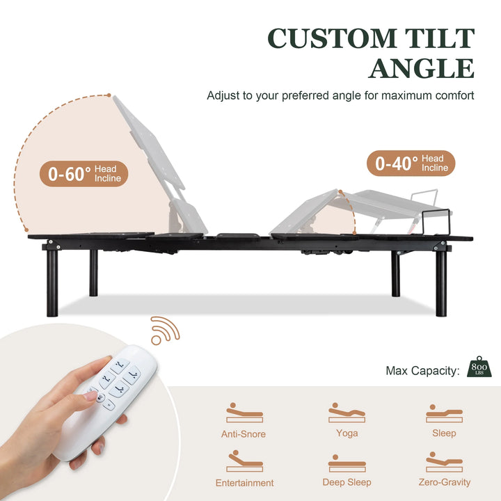 Queen Size Adjustable Bed Base Frame with Independent Head and Foot Incline, Wireless Remote Control with Quiet Motor