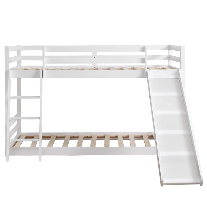 Zimtown Bunk Bed Twin over Twin,Kids Low Floor Bunk Bed with Slide for Children Boys Girls Dormitory Bedroom,No Box Spring Needed,White