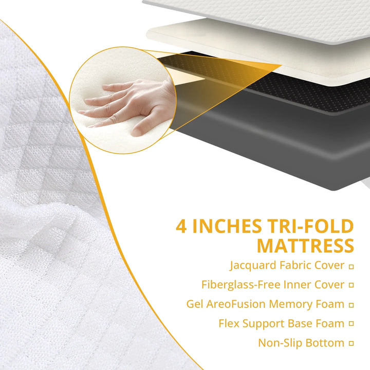 4 Inches Folding Twin Size Memory Foam Mattress with Cover,Tri-Fold Portable Mattress Topper for Guest Bed,Camping