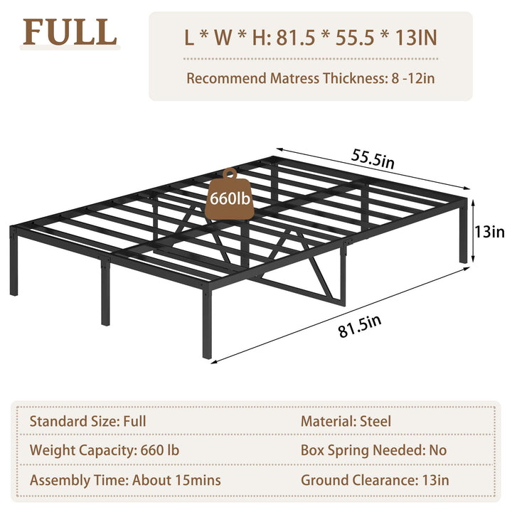 Full Bed Frame No Box Spring Needed,  Heavy Duty Full Size Metal Platform Bed with 13In Large Underbed Storage, Metal Bed Full Size Frame No Box Spring Needed, 660Lbs Weight Capacity, Black