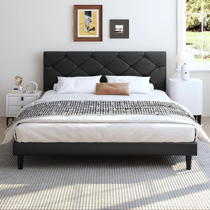 Upholstered Platform Queen Bed Frame with Headboard, Modern Black Faux Leather Queen Bed Frame with Wood Slat Support, Mattress Foundation for Adults Kids, No Box Spring Needed