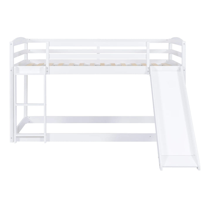 Low Bunk Beds Twin over Twin with Slide, Wooden Floor Bunk Bed Frame Built-In Ladder for Toddler Girls Boys (White)