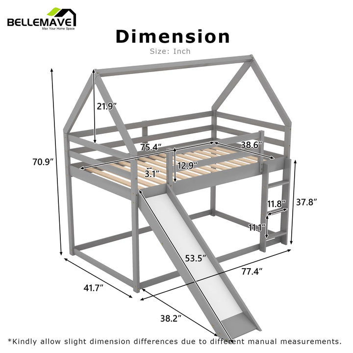 Wood Twin Bunk Bed with Slide, Floor Toddler Bunk Bed, House Bunk Bed Frame for Kids, Boys & Girls (Gray)