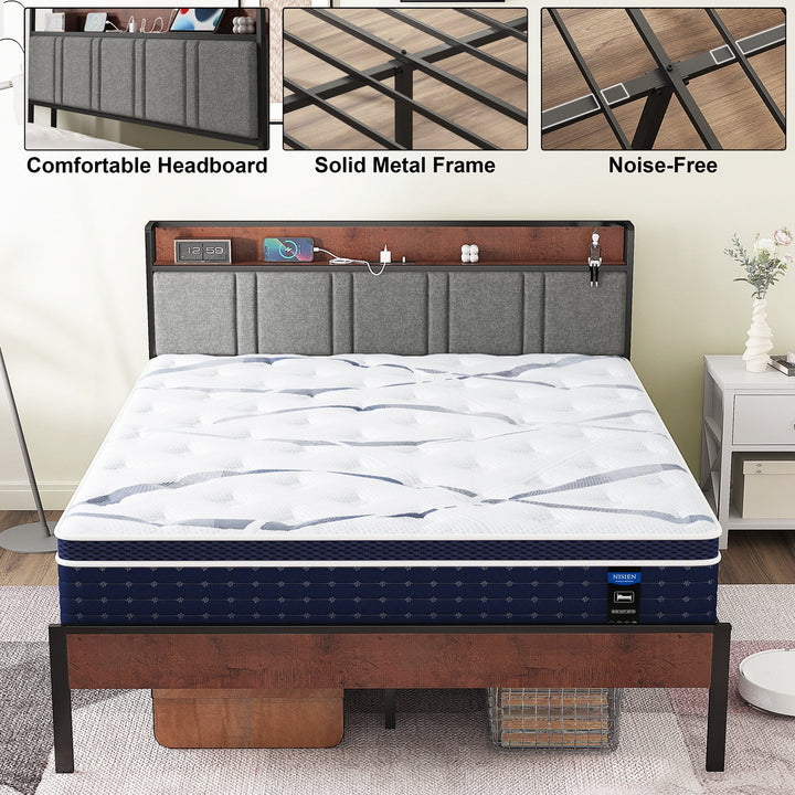 Queen Bed Frame, Platform Bed Queen Size with Storage Headboard and Charging Station, No Box Spring Needed, Gray