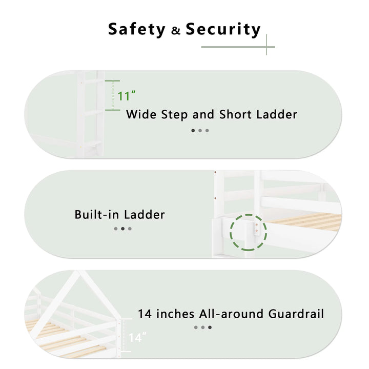 Wooden House Bunk Bed, Twin over Twin Bunk Bed with Ladder, Toddler Floor Bunk Bed for Kids, Boys & Girls (White)
