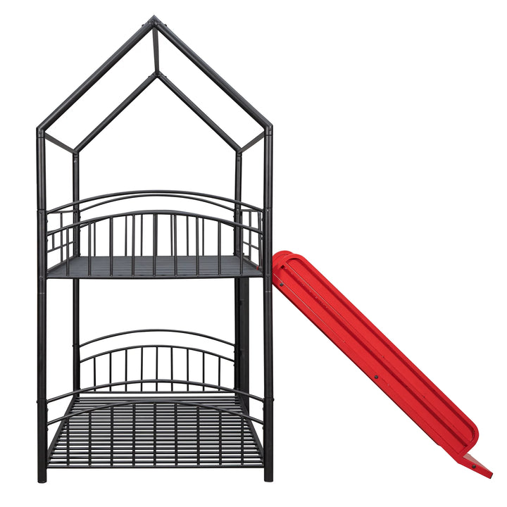 Metal Twin Bunk Bed with Red Slide, Floor Toddler Bunk Bed, House Bunk Bed for Kids, Boys & Girls, Twin Bunk Bed Can Be Separated into 2 Beds (Black)