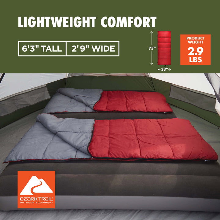 50-Degree Warm Weather Rectangular Sleeping Bag, Red, 33"X75"