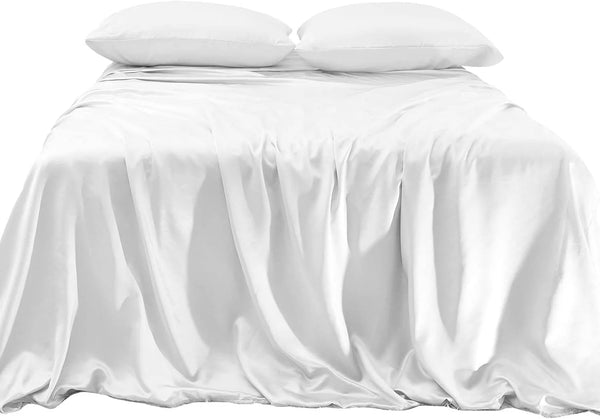 Luxurious 4-Piece Silky Satin Sheet Set Cooling Soft Satin Sheet Set, King, White