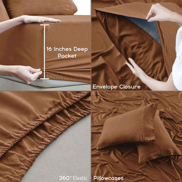 Lux Decor Collection King Bed Sheets - 16 Inch Deep Pocket 6 Piece Microfiber Bedding Sheets & Pillowcase Sets - Brown