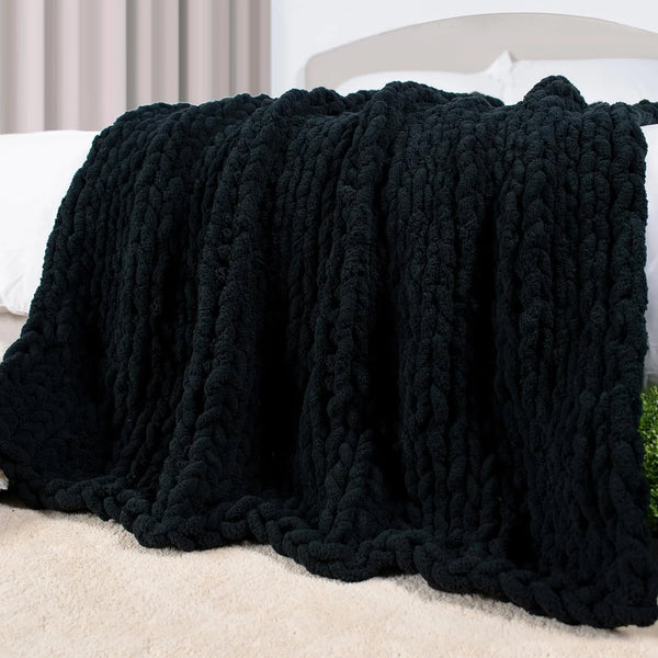 Chunky Knit Throw Blanket 50" X 60", 100% Hand Made Large Chenille Loop Yarn Soft Fluffy Throws for Couch Sofa Bed, Big Crochet Cozy Heavy Thick Cable Woven Blanket, Black